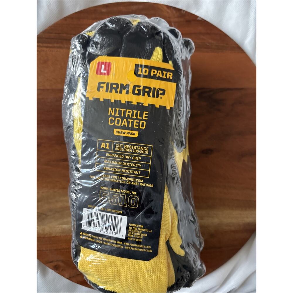 Firm Grip Nitrile Coated Gloves Large A1 Cut Resistant New 10 Pair Black Yellow